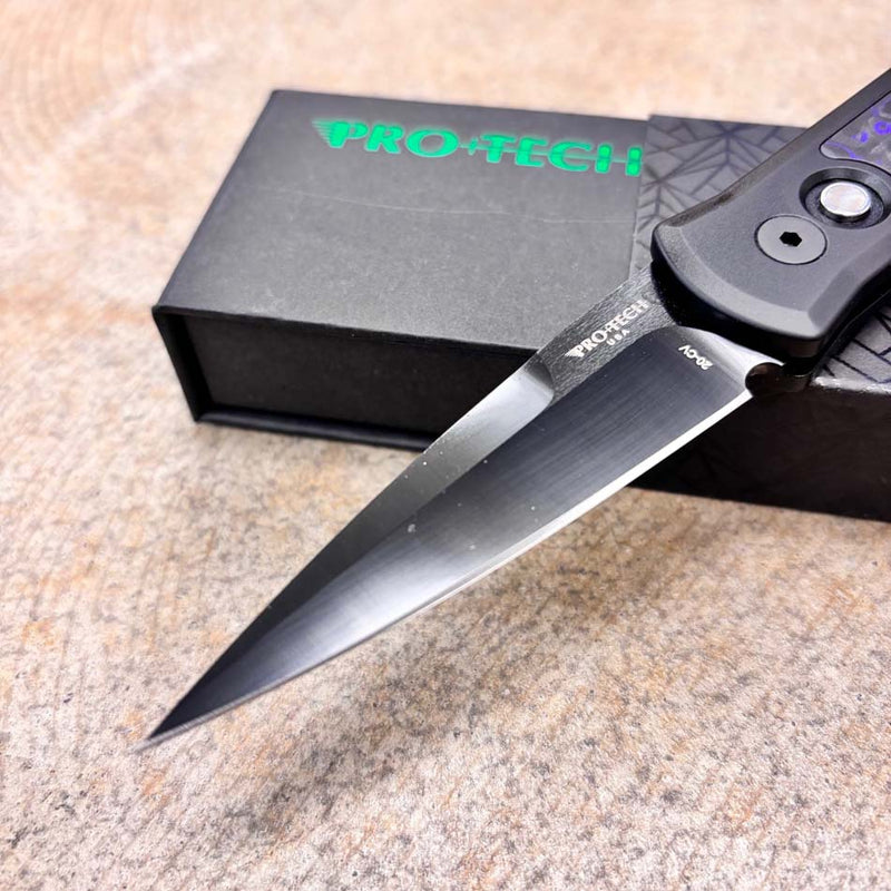 Load image into Gallery viewer, Protech 7214-Violet CF 20CV Godson, DLC Satin 3.15" 20CV Blade Auto, Single Inlay Black Handle with Violet Marble Carbon Fiber Knife
