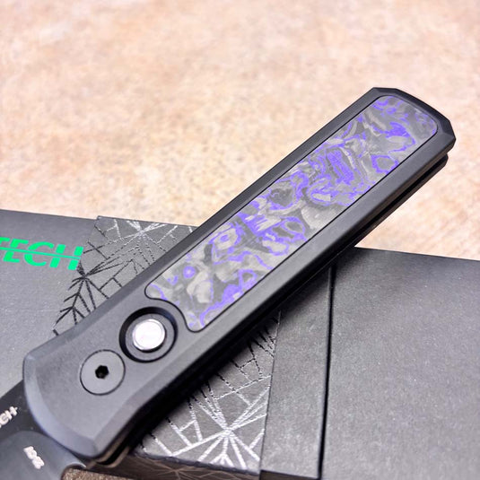 Protech 7214-Violet CF 20CV Godson, DLC Satin 3.15" 20CV Blade Auto, Single Inlay Black Handle with Violet Marble Carbon Fiber Knife