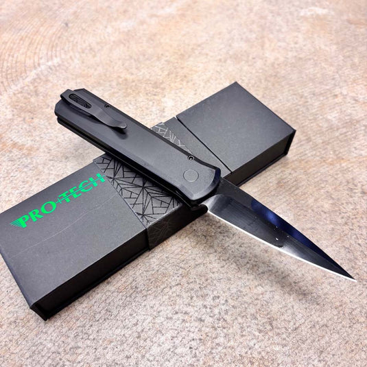 Protech 7214-Violet CF 20CV Godson, DLC Satin 3.15" 20CV Blade Auto, Single Inlay Black Handle with Violet Marble Carbon Fiber Knife
