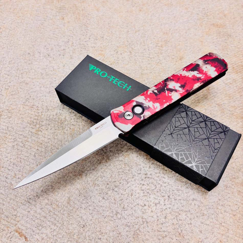 Load image into Gallery viewer, Protech 921-SATIN CTC Godfather 4" Auto Crimson Tiger Camo Custom Handles, Satin Blade, Mother of Pearl Button, Knife
