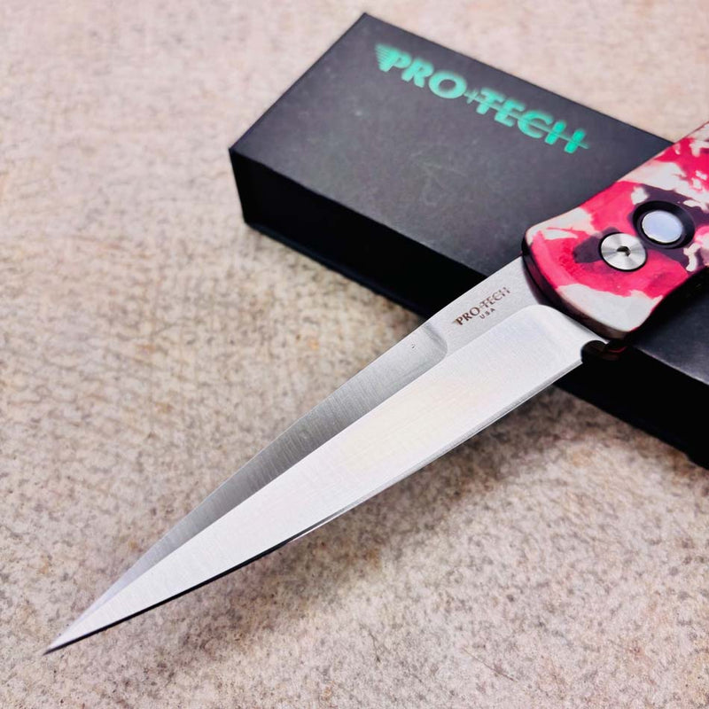 Load image into Gallery viewer, Protech 921-SATIN CTC Godfather 4" Auto Crimson Tiger Camo Custom Handles, Satin Blade, Mother of Pearl Button, Knife
