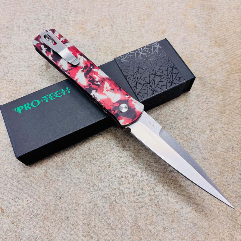 Load image into Gallery viewer, Protech 921-SATIN CTC Godfather 4" Auto Crimson Tiger Camo Custom Handles, Satin Blade, Mother of Pearl Button, Knife
