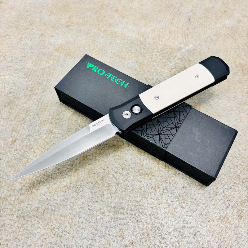 Load image into Gallery viewer, Protech 951 Godfather Satin 4" Tuxedo Black Handle Ivory Micarta Inlays Satin Blade Knife
