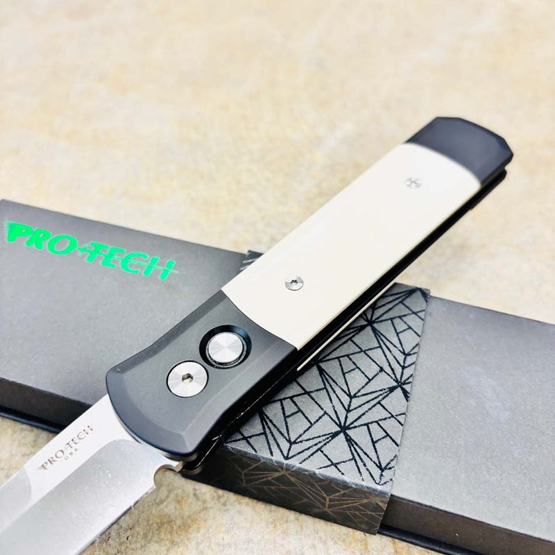 Load image into Gallery viewer, Protech 951 Godfather Satin 4" Tuxedo Black Handle Ivory Micarta Inlays Satin Blade Knife
