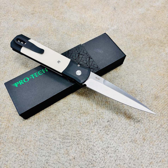 Protech 951 Godfather Satin 4" Tuxedo Black Handle Ivory Micarta Inlays Satin Blade Knife