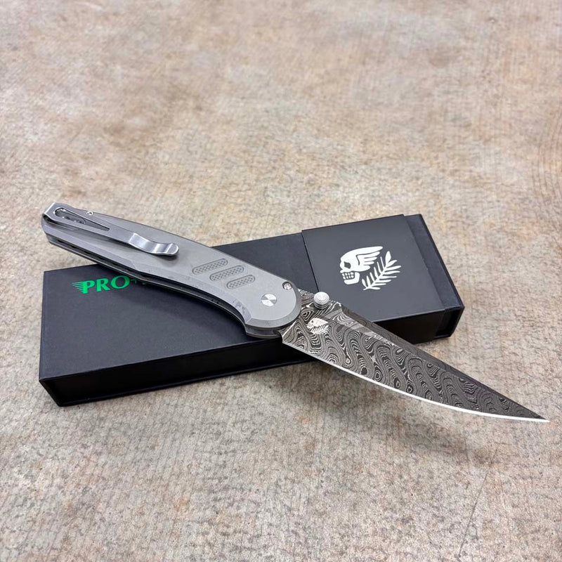 Load image into Gallery viewer, Protech 2026 Avalon Custom 005, Peace Neighbor Avalon Knurled 17-4 Steel Handle, Chad Nichols "Boomerang" stainless Damascus, Knife BLADE SHOW 2026
