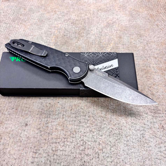 Protech BSA26.INT.1 TR-3 Integrity Thumbstud Manual, Battleworn REPTILE Textured Black Handle, Acidwash Magnacut Blade Knife