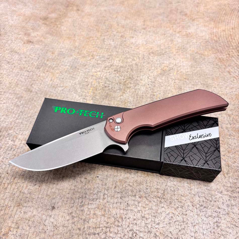 Load image into Gallery viewer, Protech BSA26.Mordax.1 Solid Brown Handle, Stonewash Magnacut Blade, White Pearl Button, Satin Hardware, Polished Clip, Knife

