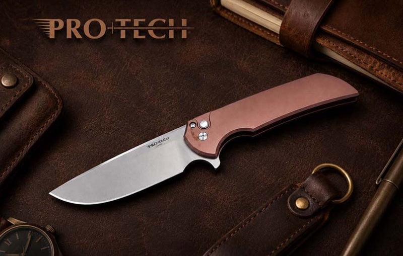 Load image into Gallery viewer, Protech BSA26.Mordax.1 Solid Brown Handle, Stonewash Magnacut Blade, White Pearl Button, Satin Hardware, Polished Clip, Knife
