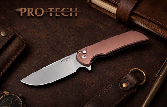 Protech BSA26.Mordax.1 Solid Brown Handle, Stonewash Magnacut Blade, White Pearl Button, Satin Hardware, Polished Clip, Knife