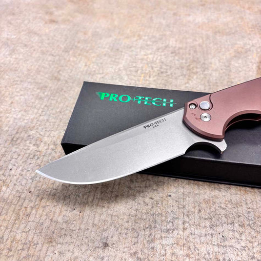 Protech BSA26.Mordax.1 Solid Brown Handle, Stonewash Magnacut Blade, White Pearl Button, Satin Hardware, Polished Clip, Knife