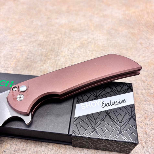 Protech BSA26.Mordax.1 Solid Brown Handle, Stonewash Magnacut Blade, White Pearl Button, Satin Hardware, Polished Clip, Knife