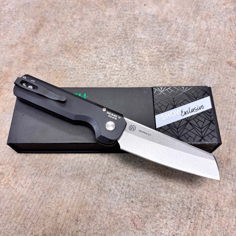 Load image into Gallery viewer, Protech BST26.Slimfoot.1 TuffKnives Designed Slimfoot Auto, Black Solid Handles, Stonewashed Magnacut Blade, Mosaic Pin Button Knife BLADE SHOW TEXAS 2026

