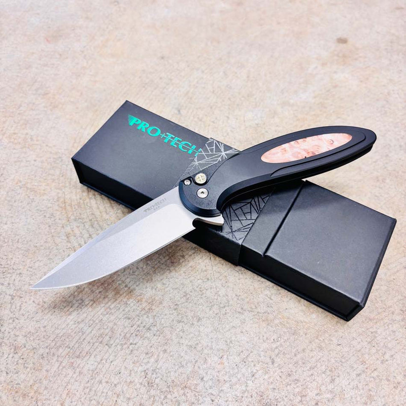 Load image into Gallery viewer, Protech BSW25.Cambria.1, Cambria 2 Flipper, Black Aluminum Handle with Maple Burl Inlay, Stonewash Magnacut Blade, Mosaic Pin Button Knife BLADE SHOW WEST 2025

