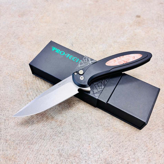 Protech BSW25.Cambria.1, Cambria 2 Flipper, Black Aluminum Handle with Maple Burl Inlay, Stonewash Magnacut Blade, Mosaic Pin Button Knife BLADE SHOW WEST 2025