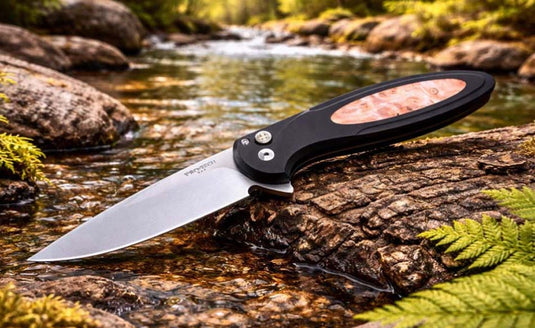 Protech BSW25.Cambria.1, Cambria 2 Flipper, Black Aluminum Handle with Maple Burl Inlay, Stonewash Magnacut Blade, Mosaic Pin Button Knife BLADE SHOW WEST 2025