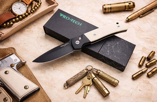 Protech BT2752 ATCF Terzuola 3.5" Tuxedo Black Handle 3D Ti Clip Ivory Micarta DLC Black Magnacut Blade Automatic Knife