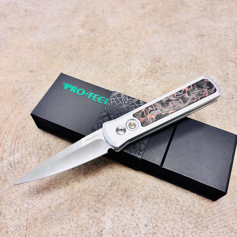 Load image into Gallery viewer, Protech CCKSF25.Godson.2 Godson 3.15" 20CV Satin Blade Single Inlay Black Handle with Livewire Copper Carbon Fiber Inlay, Mosaic Pin Button Knife
