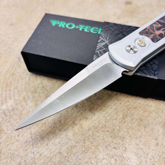 Protech CCKSF25.Godson.2 Godson 3.15" 20CV Satin Blade Single Inlay Black Handle with Livewire Copper Carbon Fiber Inlay, Mosaic Pin Button Knife
