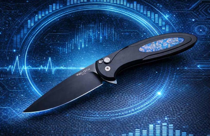 Load image into Gallery viewer, Protech CF2103-LTD TC Blue Cambria Flipper, Black AL Handle with TechnoCarbo Blue Inlay, DLC Black Magnacut Blade, Black Lip Pearl Button Knife
