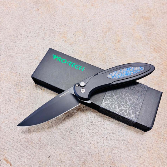 Protech CF2103-LTD TC Blue Cambria Flipper, Black AL Handle with TechnoCarbo Blue Inlay, DLC Black Magnacut Blade, Black Lip Pearl Button Knife