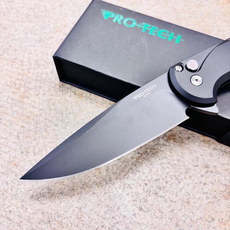 Load image into Gallery viewer, Protech CF2103-LTD TC Blue Cambria Flipper, Black AL Handle with TechnoCarbo Blue Inlay, DLC Black Magnacut Blade, Black Lip Pearl Button Knife
