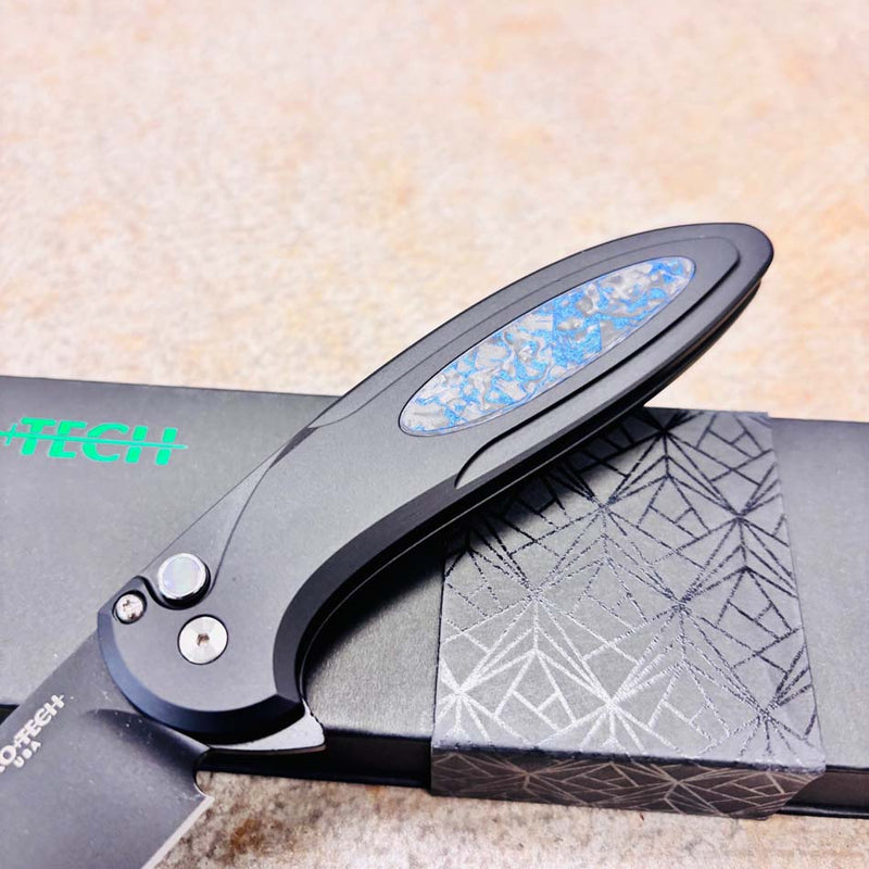 Load image into Gallery viewer, Protech CF2103-LTD TC Blue Cambria Flipper, Black AL Handle with TechnoCarbo Blue Inlay, DLC Black Magnacut Blade, Black Lip Pearl Button Knife
