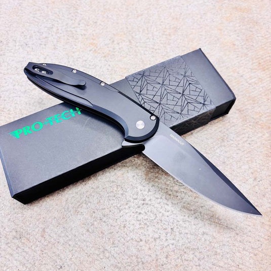 Protech CF2103-LTD TC Blue Cambria Flipper, Black AL Handle with TechnoCarbo Blue Inlay, DLC Black Magnacut Blade, Black Lip Pearl Button Knife
