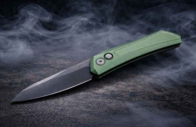 Load image into Gallery viewer, Protech DS121-GREEN Oligarch Dmitry Sinkevick Design Solid Green Aluminum Handles, Smoky Grey DLC Magnacut Blade Auto Knife
