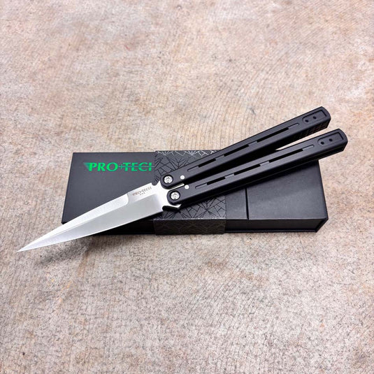 Protech FF2101 FlyFather 2 Balisong Squid Industries Collab Black Aluminum Channel Handles, 154CM Satin Finished Blade Knife