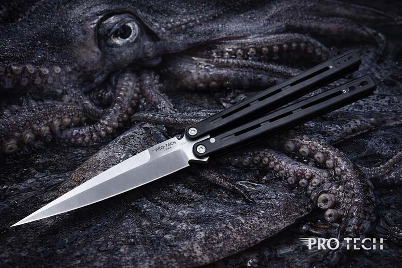 Load image into Gallery viewer, Protech FF2101 FlyFather 2 Balisong Squid Industries Collab Black Aluminum Channel Handles, 154CM Satin Finished Blade Knife
