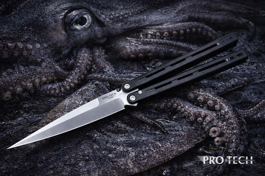 Protech FF2101 FlyFather 2 Balisong Squid Industries Collab Black Aluminum Channel Handles, 154CM Satin Finished Blade Knife
