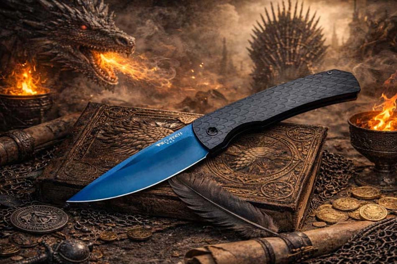 Load image into Gallery viewer, Protech M2603-F SB MAGIC 2, 3.75" Sapphire Blue PVD Blade, Feather Texture Black Handles Knife
