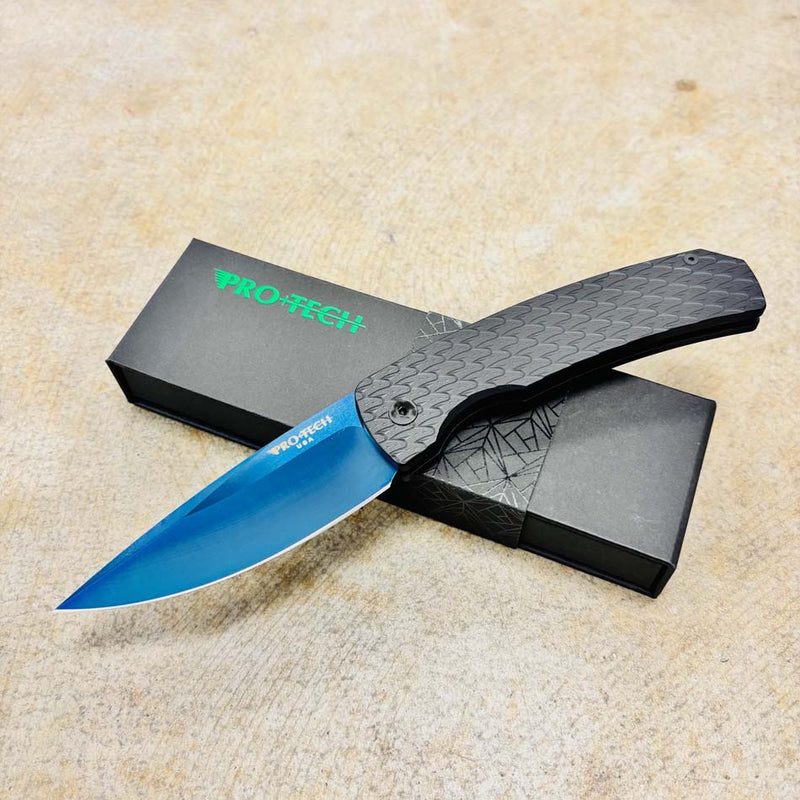 Load image into Gallery viewer, Protech M2603-F SB MAGIC 2, 3.75" Sapphire Blue PVD Blade, Feather Texture Black Handles Knife
