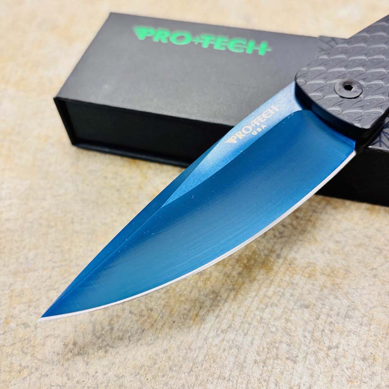 Load image into Gallery viewer, Protech M2603-F SB MAGIC 2, 3.75" Sapphire Blue PVD Blade, Feather Texture Black Handles Knife
