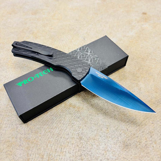 Protech M2603-F SB MAGIC 2, 3.75" Sapphire Blue PVD Blade, Feather Texture Black Handles Knife