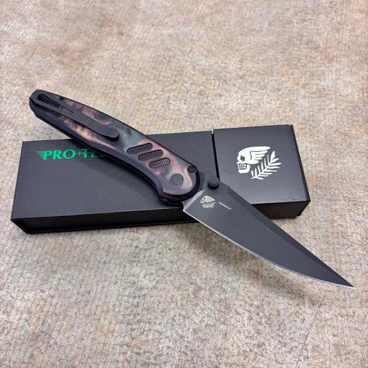 Protech PN1103-Shipwreck, Peace Neighbor Avalon, Knurled "Shipwreck" Handle, DLC black Magnacut blade Knife