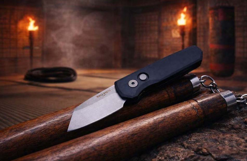 Load image into Gallery viewer, Protech Runt 5 R5201 Smooth Black Handle 1.9" Stonewash 20CV Reverse Tanto Blade Auto Knife
