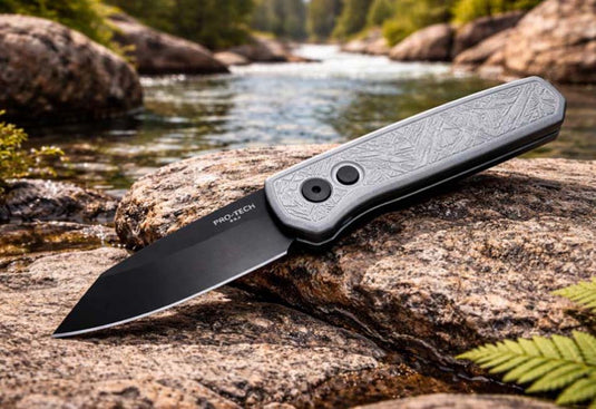 Protech Runt 5 R5203-Grey Nexus Textured Grey Anodized Handle, DLC Black 20CV Reverse Tanto Blade, Knife