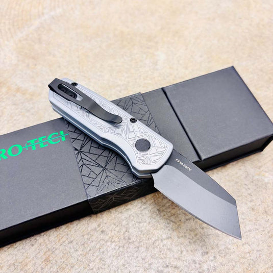 Protech Runt 5 R5203-Grey Nexus Textured Grey Anodized Handle, DLC Black 20CV Reverse Tanto Blade, Knife