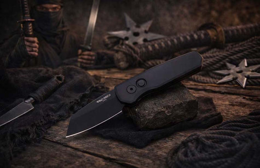 Protech Runt 5 R5203 Smooth Black Handle 1.9" DLC Black 20CV Reverse Tanto Blade Auto Knife