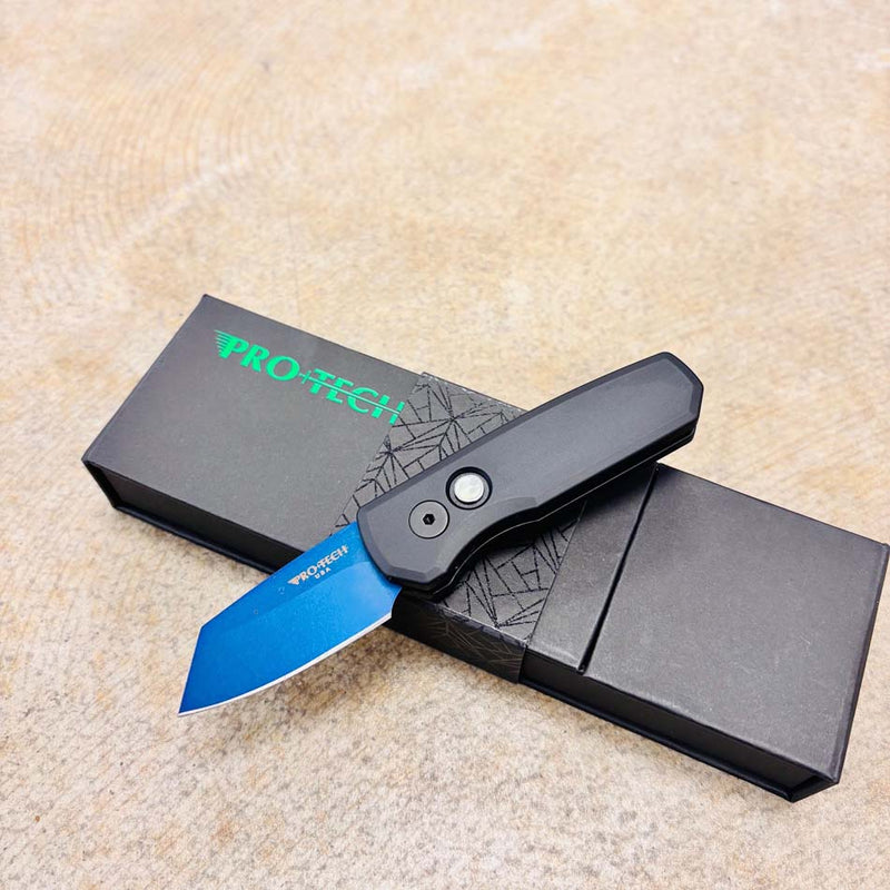Load image into Gallery viewer, Protech R5203-SB Runt 5, black handle, Sapphire Blue 20CV Reverse Tanto Blade, Abalone Button, Knife
