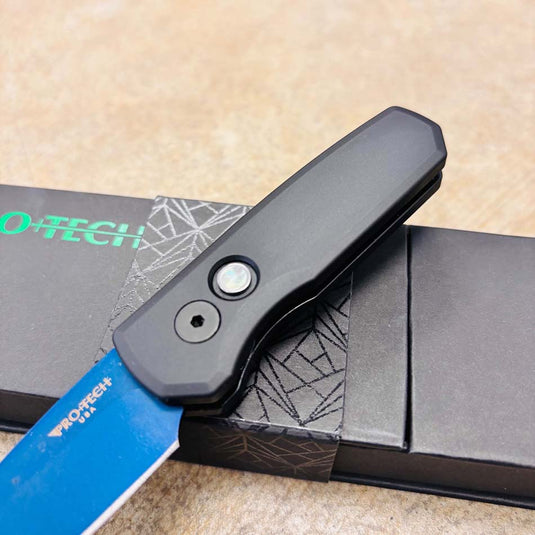 Protech R5203-SB Runt 5, black handle, Sapphire Blue 20CV Reverse Tanto Blade, Abalone Button, Knife