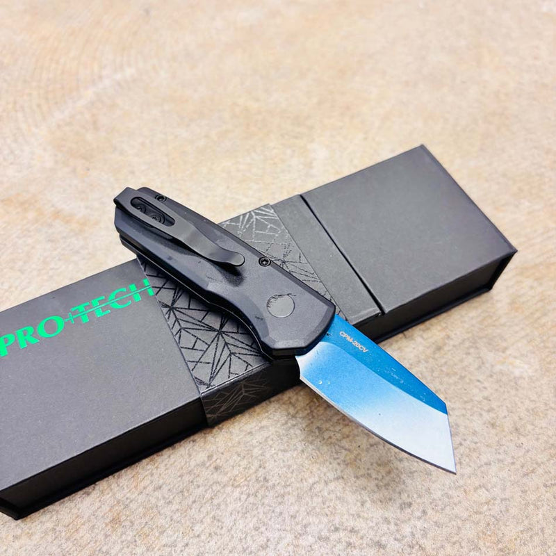Load image into Gallery viewer, Protech R5203-SB Runt 5, black handle, Sapphire Blue 20CV Reverse Tanto Blade, Abalone Button, Knife

