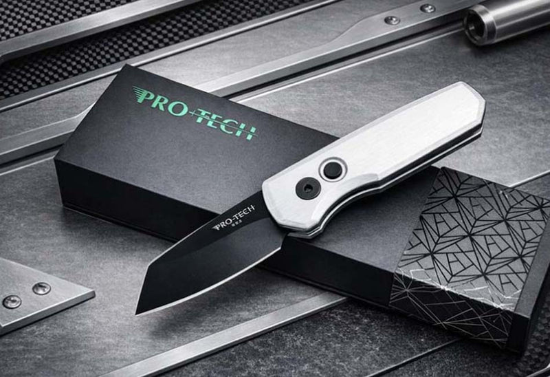 Load image into Gallery viewer, Protech Runt 5 R5203-Silver Solid Silver Handle 1.9" DLC Black 20CV Reverse Tanto Blade Automatic Knife
