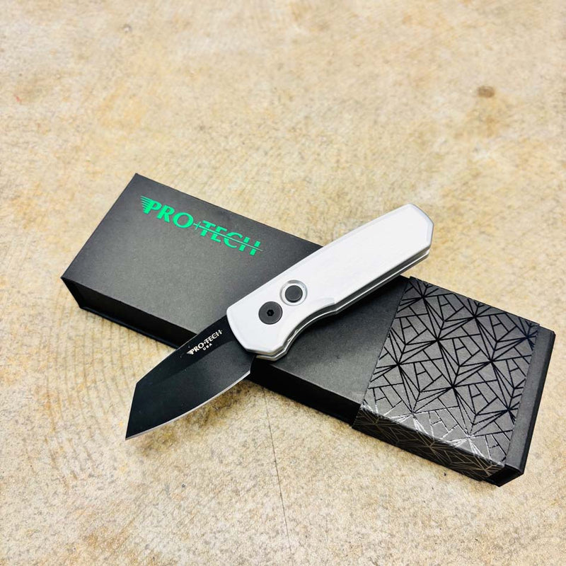 Load image into Gallery viewer, Protech Runt 5 R5203-Silver Solid Silver Handle 1.9" DLC Black 20CV Reverse Tanto Blade Automatic Knife
