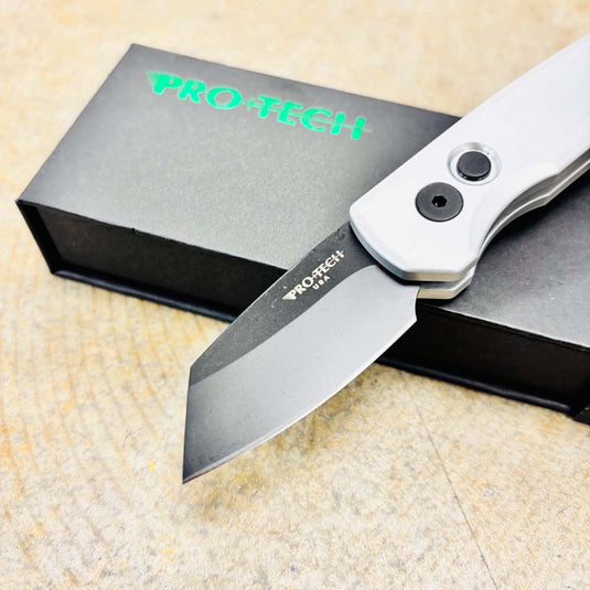 Protech Runt 5 R5203-Silver Solid Silver Handle 1.9" DLC Black 20CV Reverse Tanto Blade Automatic Knife