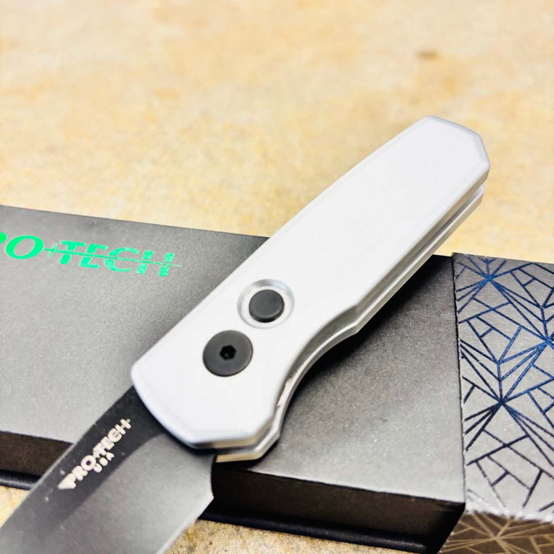 Load image into Gallery viewer, Protech Runt 5 R5203-Silver Solid Silver Handle 1.9" DLC Black 20CV Reverse Tanto Blade Automatic Knife
