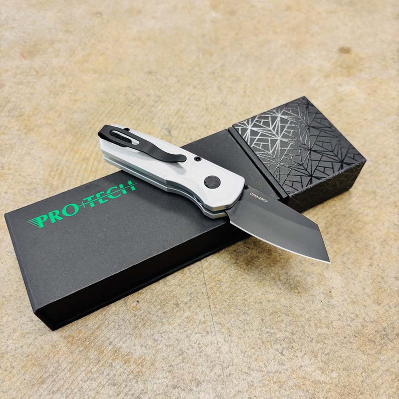 Load image into Gallery viewer, Protech Runt 5 R5203-Silver Solid Silver Handle 1.9" DLC Black 20CV Reverse Tanto Blade Automatic Knife
