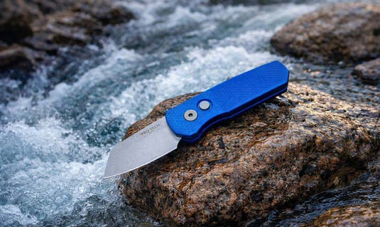 Protech Runt 5 R5205-BLUE Textured Blue Handle 1.9" Stonewash 20CV Reverse Tanto Blade Auto Knife